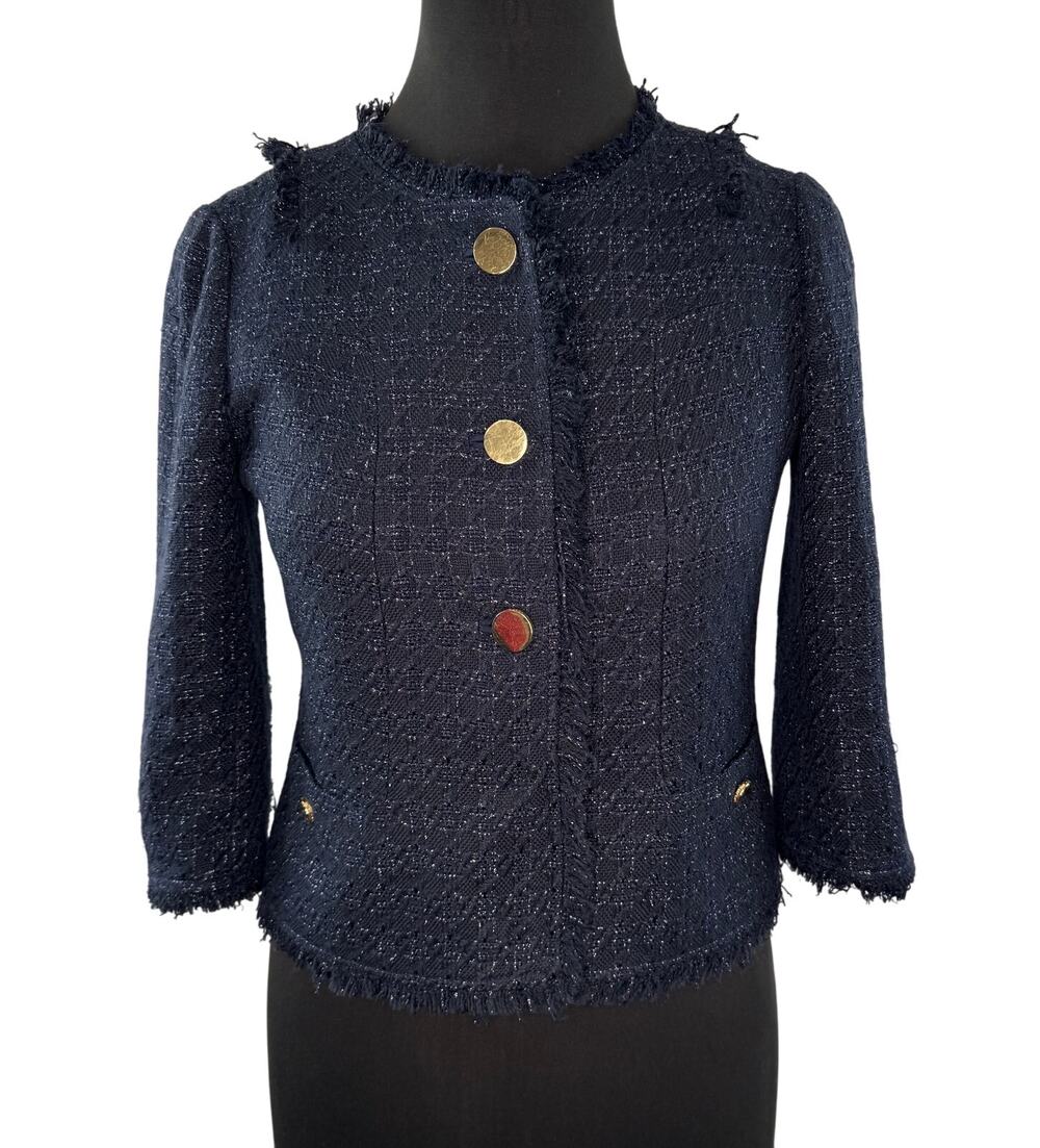 TORU BURCH Emma Navy Metallic Crop Jacket Tweed Fringe Trim Round Neck Size 0